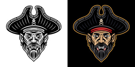 Pirate head with beard vector illustration in two styles black on white and colorful on dark backgroundのイラスト素材