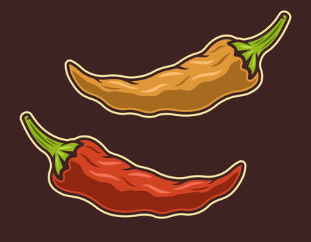 Set of two colored style illustration of chili peppers red and yellow vector on dark backgroundのイラスト素材