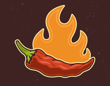 Chili pepper with flame vector illustration in colorful cartoon style isolated on dark backgroundのイラスト素材