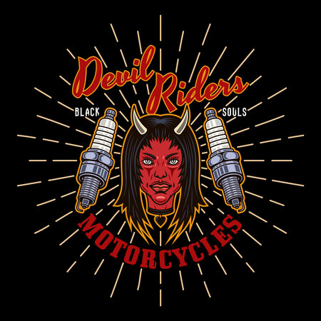 Biker club vector emblem, logo, badge, label, sticker or print with devil girl head and spark plugs. Illustration in colorful style on dark backgroundのイラスト素材
