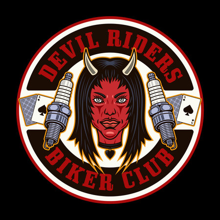 Biker club vector round emblem, logo, badge, label, sticker or print with devil girl head and spark plugs. Illustration in colorful style on dark backgroundのイラスト素材