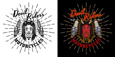 Biker club vector emblem, logo, badge, label, sticker or print with devil girl head and spark plugs. Illustration in two styles black on white and colorful on dark backgroundのイラスト素材