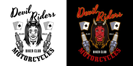 Biker club vector emblem, logo, badge, label, sticker or print with devil girl head and spark plugs. Illustration in two styles black on white and colorful on dark backgroundのイラスト素材