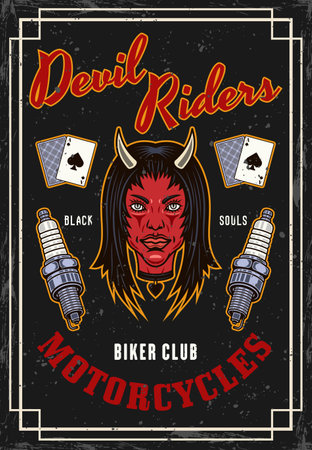 Biker club vector vintage colored poster with devil girl head and spark plugs. Vector decorative template illustrationのイラスト素材