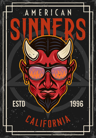 Devil head n sunglasses that reflect flame vintage colored poster with text american sinners. Vector decorative illustrationのイラスト素材