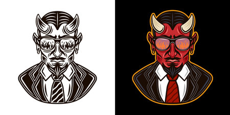 Devil man in suit character two styles black on white and colorful on dark background vector illustrationのイラスト素材