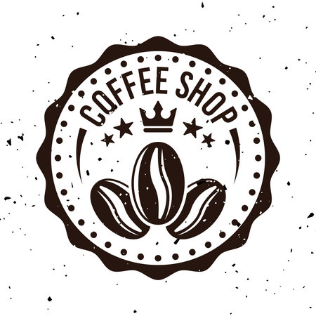 Coffee shop vector round monochrome emblem, badge, label, sticker or logo in vintage style isolated on white background with removable texturesのイラスト素材
