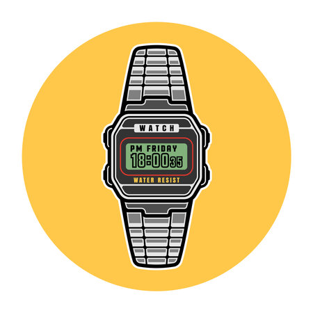 Electronic wrist watch vector round colored icon isolated on white background
