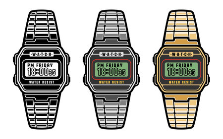 Electronic wrist watch vector set of objects in black, gold and chrome style isolated on white backgroundのイラスト素材