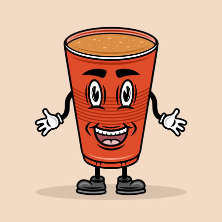 Beer red plastic cup smiling cartoon character with hands and legs vector illustration in colorful style on light backgroundのイラスト素材