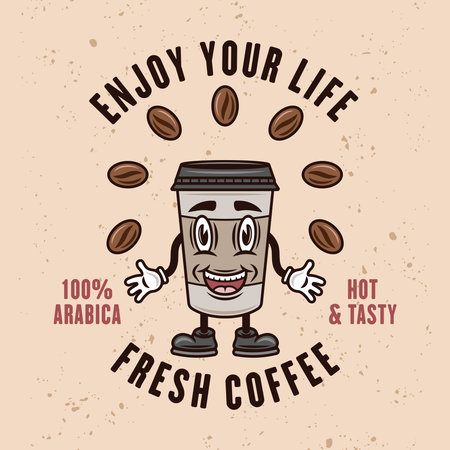 Coffee smiling paper cup vector colorful emblem, badge, label or logo on light backgroundのイラスト素材