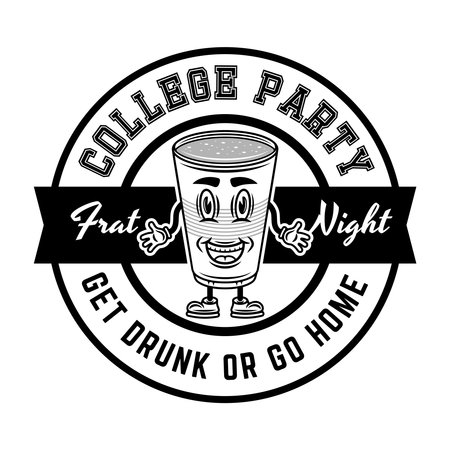 Collage party vector round monochrome emblem, badge, label or logo with plastic cup of beer cartoon smiling character illustration on white backgroundのイラスト素材