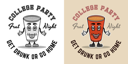 Fraternity collage party vector emblem, badge, label or logo with plastic cup of beer cartoon smiling character. Two styles monochrome and colored with removable texturesのイラスト素材