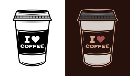 Coffee paper cup with inscription i love coffee vector illustration in two styles black on white and coloredのイラスト素材