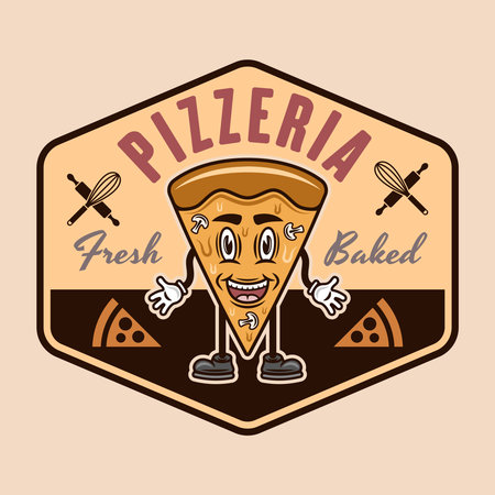Pizzeria vector emblem,  badge or label with pizza piece cartoon character in colored style on light backgroundのイラスト素材