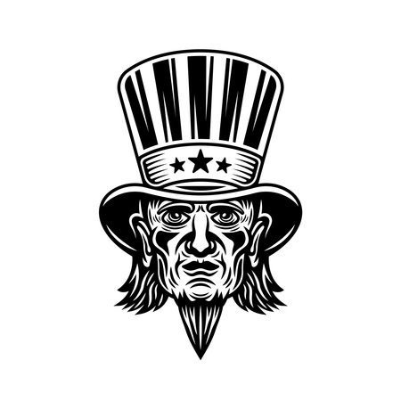 Uncle Sam head vector, man in cylinder hat with goatee beard. Illustration in black and white style isolated on white backgroundのイラスト素材
