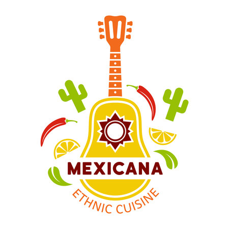 Mexican food label, emblem, badge with guitar vector colored illustration isolated on white backgroundのイラスト素材