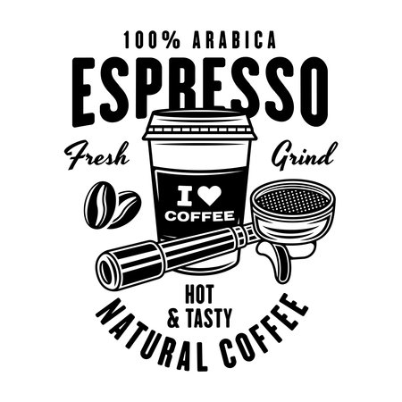 Espresso coffee vector emblem, badge or label with portafilter and coffee paper cup in vintage monochrome style isolated on white backgroundのイラスト素材