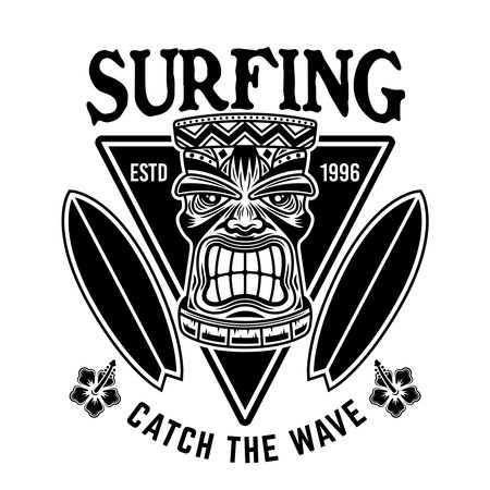 Surfing vector emblem, badge, label, sticker or  with tiki head and surfboards. Illustration in vintage monochrome style isolated on white backgroundのイラスト素材