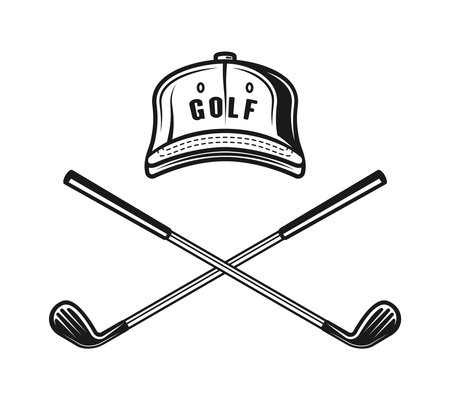 Golf cap and two crossed golf clubs vector monochrome style illustration on graphic objects isolated on white backgroundのイラスト素材