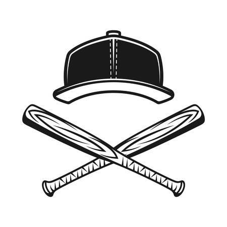 Baseball cap and two crossed wooden bats vector monochrome style illustration on graphic objects isolated on white backgroundのイラスト素材