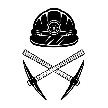 Miner helmet and two crossed pickaxes vector illustration in vintage style isolated on white backgroundのイラスト素材