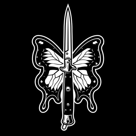 Butterfly dagger vector tattoo style illustration on dark backgroundのイラスト素材