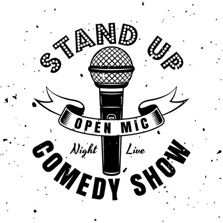 Stand up comedy show vector emblem, badge, label, stamp in vintage monochrome style isolated on white background with removable textureのイラスト素材