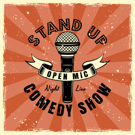 Stand up comedy show emblem, badge, label, vintage colored style. Vector illustration with grunge textures on separate layersのイラスト素材