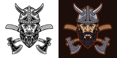 Viking head and two crossed axes vector illustration in two styles black on white and colorful on dark backgroundのイラスト素材