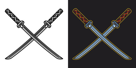 Katana crossed swords vector object or element in two styles black on white and colored on dark backgroundのイラスト素材
