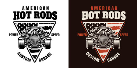 Hot rod vector emblem, label, badge or print in two styles colored and black on white backgroundのイラスト素材