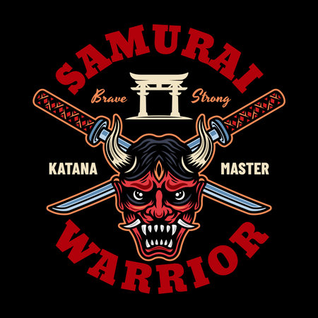Samurai vector colored emblem, badge, label on dark backgroundのイラスト素材
