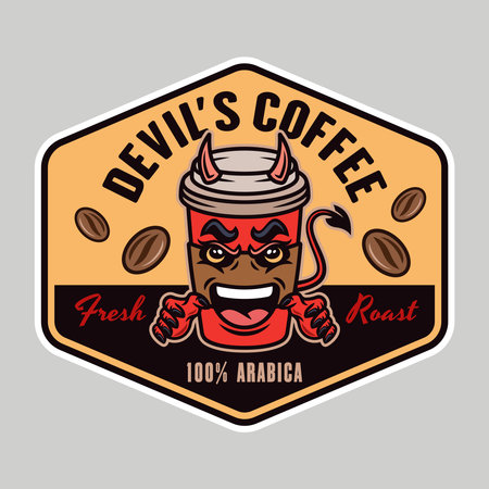 Devil coffee paper cup mascot vector emblem, badge, label or print design in colored style on grey backgroundのイラスト素材
