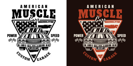 Muscle car vector emblem, label, badge or print in two styles colored and black on white backgroundのイラスト素材
