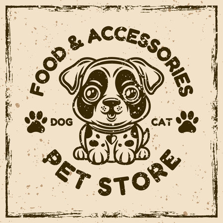 Pet store vector emblem concept with cute cartoon dog character illustration in vintage style on background with removable grunge texturesのイラスト素材