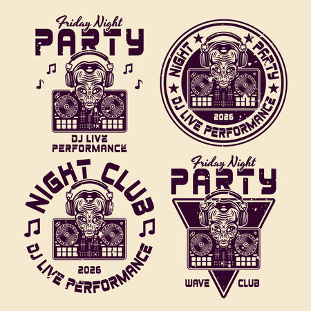 Creative DJ party set of vector emblems featuring an alien head in headphones and a DJ mixer controller. Perfect for nightclubs, music events, and electronic dance culture designsのイラスト素材