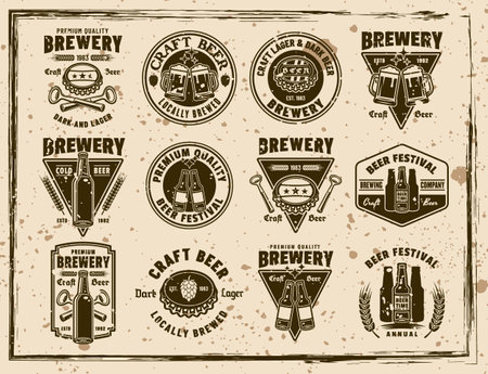 Beer and brewery set of vector emblems, labels, badges in vintage grunge textured styleのイラスト素材