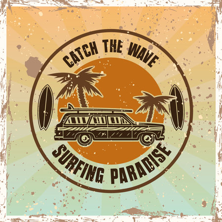 Surfing vintage car, palms and sunset vector round emblem or t-shirt print in colored style. Vector illustration on bright backgroundのイラスト素材