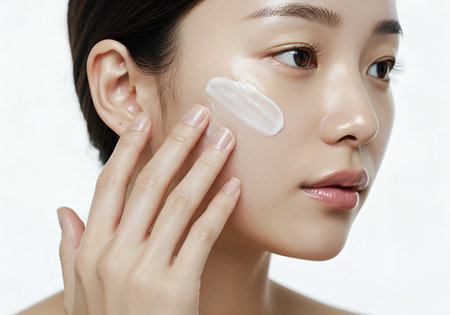Young Woman Applying Moisturizing Cream On Faceの素材