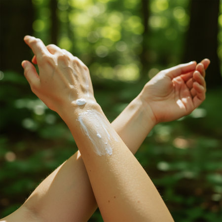 Woman applying Sunscreen on her hands in the summer forest.の素材