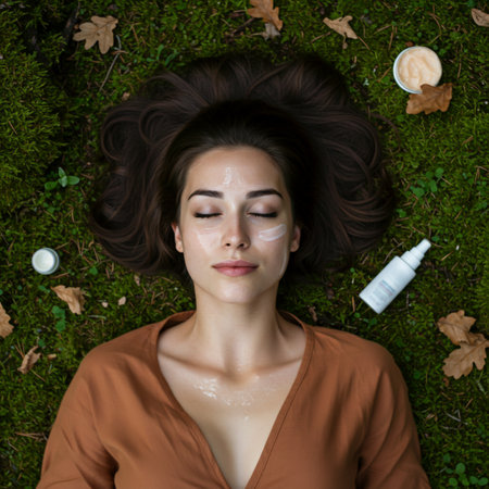 Beautiful young woman lying on the green grass with cosmetic cream.の素材