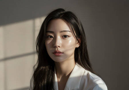 Portrait of a beautiful Asian woman in white shirt and gray backgroundの素材