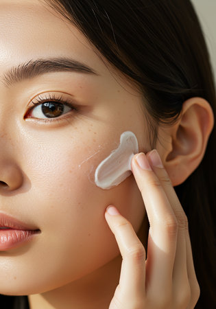 Beauty Skin Care. Closeup Of Young Asian Woman Applying Moisturizing Cream On Face. Portrait Of Attractive Female With Natural Makeup. High Resolutionの素材