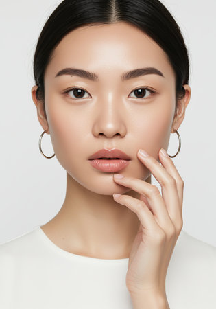 young asian woman with clean fresh skin. Facial treatment, cosmetology, beauty and spa.の素材