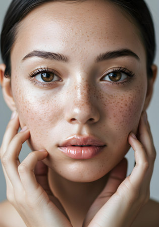 Freckled young woman face, isolated on grayの素材