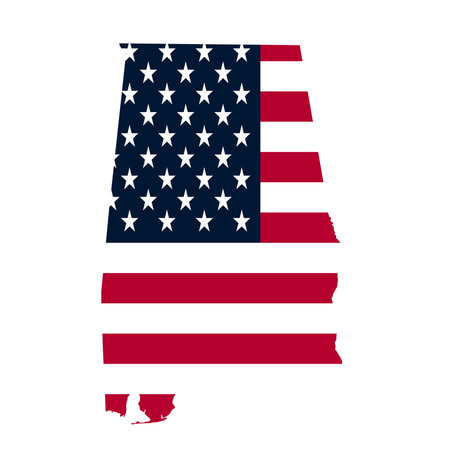 High-quality vector map of Alabama featuring the American flag. Includes solid color and outline versions, isolated on a white background for easy editing. Perfect for educationalのイラスト素材