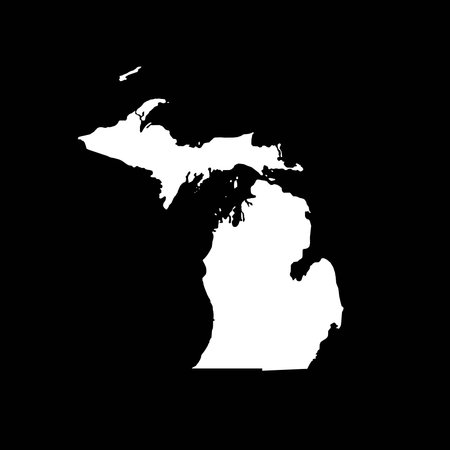 Minimalist white-on-black vector outline of Michigan. Ideal for modern infographics, presentations, educational projects, and web or graphic design. Fully editable and scalable vecのイラスト素材