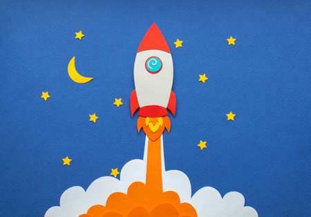 Rocket takes off into space. Night starry sky and clouds. Moon Cartoon handmade paper art and cutting illustration.の写真素材