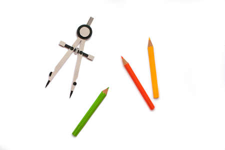 Back to school. Isolated tools. Handmade paper art and cutout. Set of pencils and compass. 